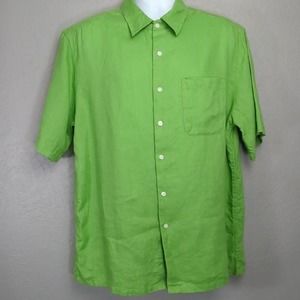 Alan Flusser Shirt Mens L Green Casual Short Sleeve Button Front 100% Linen